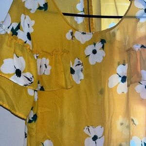 White and green flower based yellow chiffon blouse